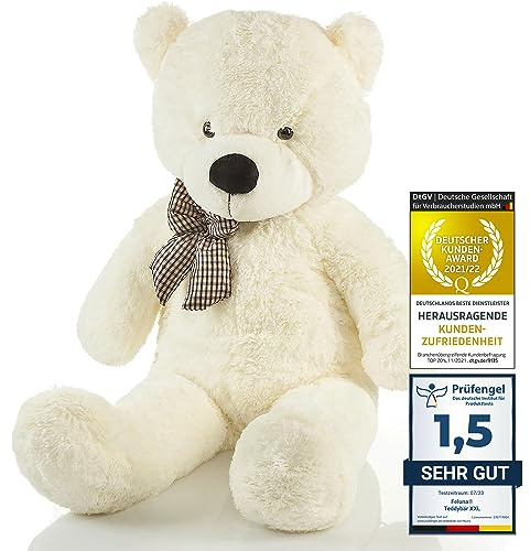 Feluna® Riesen Teddybär XXL 120cm Kuschelbär Groß Weiß Ohne Chemiegeruch | Kuscheliger Plüschbär zum Liebhaben, schadstoffgeprüft & antiallergisch, 120cm groß, weiß, mit Schleife, Original Teddy