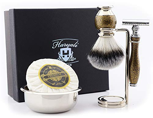 Klassisches 5-teiliges Rasierset für Herren - Goldener Antik-Look mit DE Rasierhobel mit synthetischem Dachshaar, Stand aus Edelstahl, Schüssel und Seife