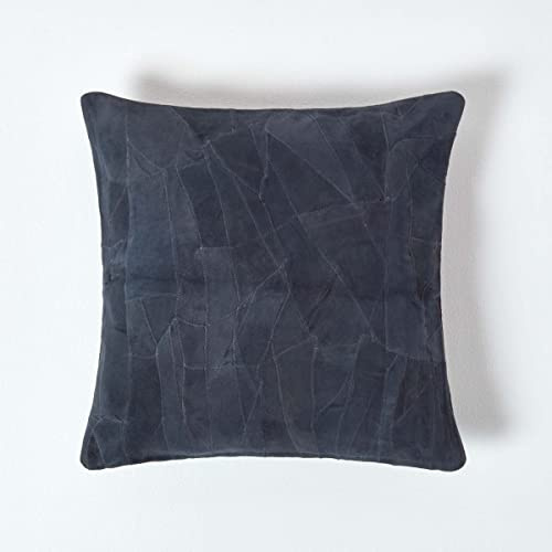 Homescapes Patchwork Leder-Kissen dunkelblau, Dekokissen 45x45 cm mit Füllung, Sofakissen Velours aus Recycling-Leder