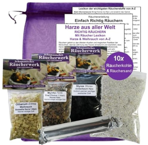 Weihrauch, Myrrhe & Styrax Räucherset 150ml (3X 50ml) – 8-TLG. Räucherwerk Set für Schutzräucherung, Hausreinigung & Rauhnächte mit Räucherkohle, Räuchersand, Anleitung & Tasche. 81670-13