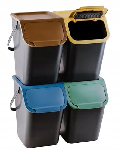 Go Practic Juego de 4 cubos de basura de 25 l con tapa, sistema de separación de basura, reciclaje