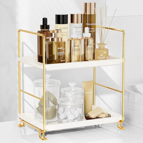 FSyueyun 2-stöckiges Make-up-Regal, Organizer für Küche, Gewürzregal oder Badezimmer, Arbeitsplatte, Organizer, Schminktisch, Schlafzimmer, Ablagetablett (Gold)