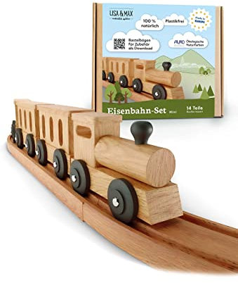 LISA & MAX Holzeisenbahn Set (14 Teile) im stilvollen Retro-Look - Made in EU aus FSC®- zertifiziertem Holz - für Kinder aus Naturfarben und ohne Plastik - Holz Eisenbahnen, Schienen und Holzzug
