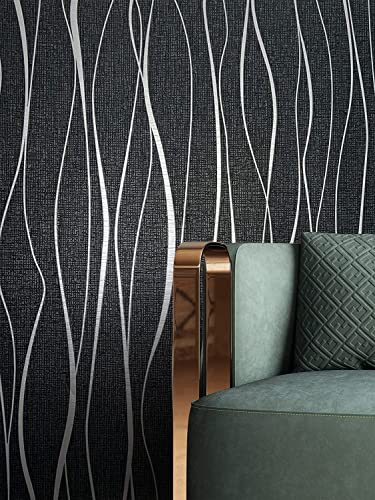 Newroom Tapete Schwarz Vliestapete Leicht Glänzend - Streifentapete Landhaus Silber Streifen Linien Modern inkl. Tapezier-Ratgeber