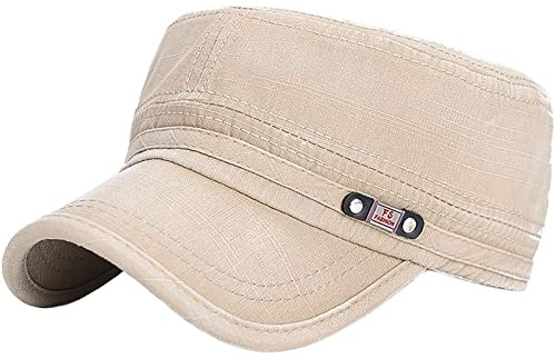 YeeHeen Unisex Cadet Army Cap Adjustable Flat Top Cap Washed Cotton Military Hat Baseball Cap Beige