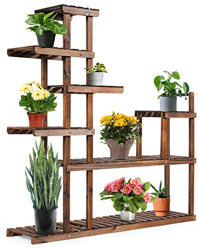 GYMAX Scaffale Portafiori in Legno, Scaffali Porta Piante, Design Raffinato, in Legno Massiccio, Espositore per Interni, Esterni, 120x25x120cm