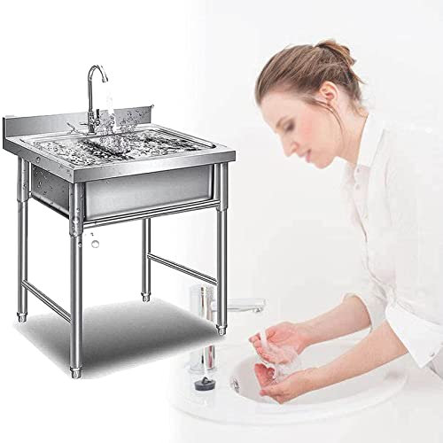 Handwaschbecken aus 304 Edelstahl, Einzelschüssel, gewerbliches Restaurant, Küchenspüle, Set mit freistehendem Wasserhahn, für Restaurantküche, Wäscherei, Garage