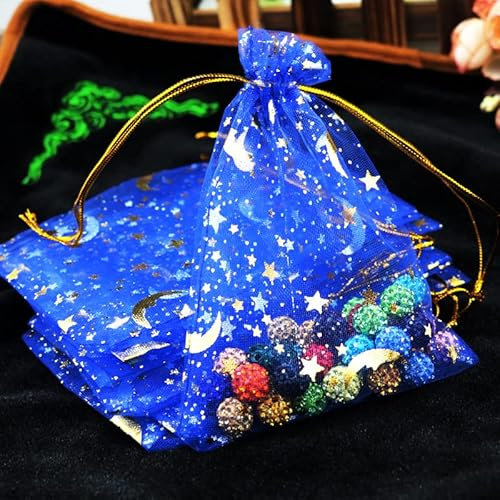 PTNKUIIY Organzasäckchen 100 Pcs Geschenkbeutel, 7x9cm Organzasäckchen Klein Geschenk Schmuckbeutel mit Kordelzug Mit Stern Mond Muster Organzabeutel Für Festival süßigkeiten Party Und Hochzeit-Blau