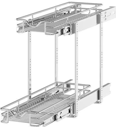 OCG Ausziehbarer Schrank-Organizer mit 2 Etagen (19,1 cm B x 54,6 cm T), ausziehbare Schubladen für Küchenschränke, ausziehbare Regale für Unterschrank, Organisation in Küche, Bad, Speisekammer,