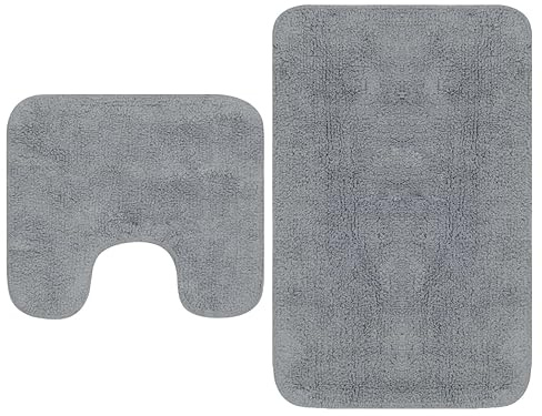 Gecheer Badematte mit WC-Vorleger, Antirutschmatte aus Baumwolle, 63x93 cm und 44x52 cm, Grau, für Badezimmer