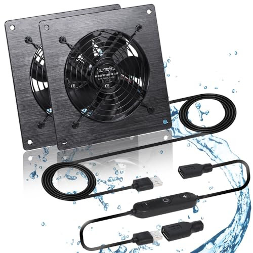 xiaoqijia USB 120MM Cabinet Fan 5V Quiet Cooling Fan DC 12V IPX5 Waterproof Fan System 4 with 10 Speed Control, for Home Theater AV Cabinets Greenhouse Kennel Computer Cabinet Cooling(2 Fans)