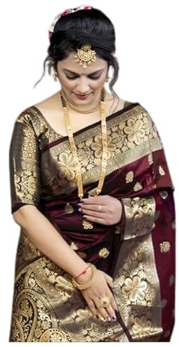 C J Enterprise Women's Pure Banarasi Silk Saree Kanjivaram Style Saree With Blouse Piece For Wedding (Vruksh), Maroon, One Size