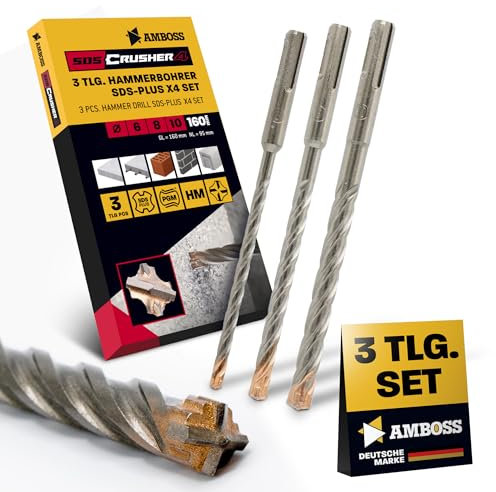 SDS+ Hammerbohrer Set 3tlg. 4X Schneiden PGM Ø 6-10mm x 160mm - AMBOSS Werkzeuge SDS Crusher 4 - HM Betonbohrer Hartmetall Profi Bohrer - Stahlbeton Steinbohrer Beton Mauerwerk Ziegel Kalksandstein