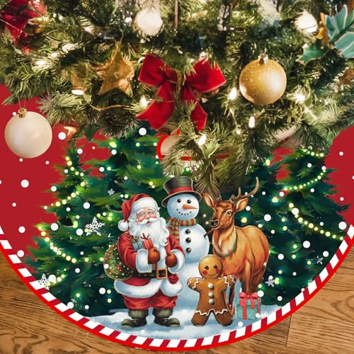 Christmas Tree Skirt, 48 Inch Red Christmas Decor Tree Skirt, Santa Claus & Snowmen Xmas Tree Skirt, Large Polyester Tree Mat Xmas Ornament for Winer Holiday New Year Indoor Outdoor Party Decoration