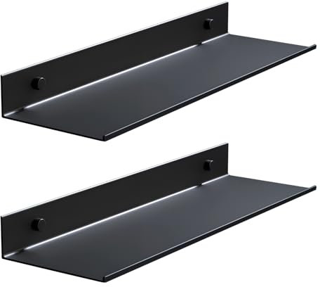 Tablette Flottante Murale Noire, étagère Murale en Métal Noir 40 cm 2 PCS, Organisateur de Douche sans Percage, étagère à Livre pour Chambre, Bureau, Salle de Bain, Cuisine