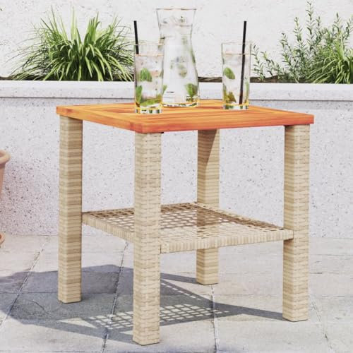 Iiaky Gartentisch Terrassentisch Wetterfest Lounge Tisch Outdoor BalkonhäNgetisch Beige 40x40x42 cm Poly Rattan Akazienholz