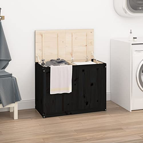 Brokky Wäschetruhe Schwarz 88,5x44x66 cm Massivholz Kiefer WäSchekorb Mit Deckel WäSchetruhe Sitzbank