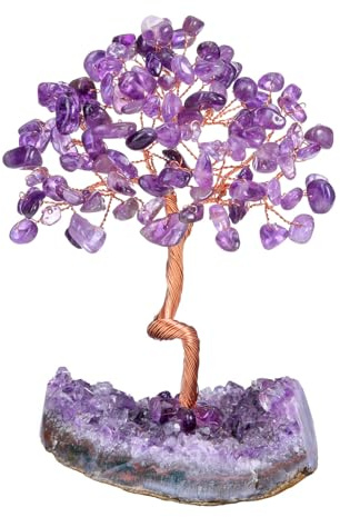 Jovivi 10-13cm DIY Arbre de Vie Pierre Naturelle sur Amas de Cristal de Roche Fengshui Tree Porte Bonheur Bibelot Décoration de Bureau Maison et Domicile Cadeau Fête des Mères (améthyste)