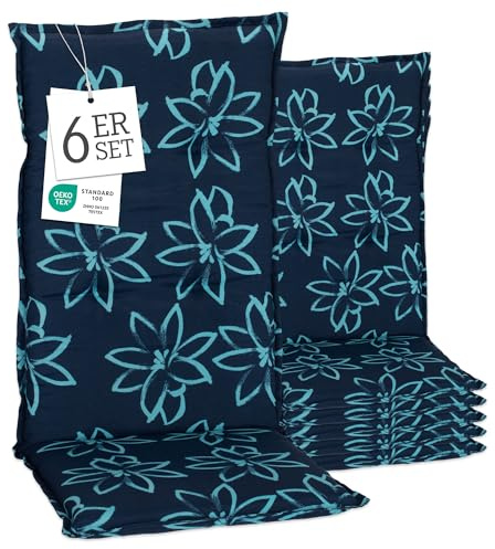 Beo Barcelona Hochlehner Auflagen 118x50cm 6er Set | Waschbare, atmungsaktive Gartenstuhl-Auflagen | UV-beständige Sitz-Auflagen | Made in EU | Öko-Tex Standard | Blaues Blumenmuster | Pflegeleicht
