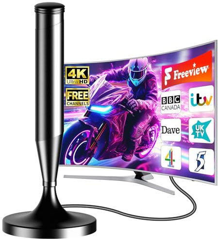Antenna TV Interna 360° con Base Magnetica, Supporta 4K HD/VHF/UHF, Ricezione Potente Fino a 360KM, Cavo Coassiale da 5m per TV Domestiche