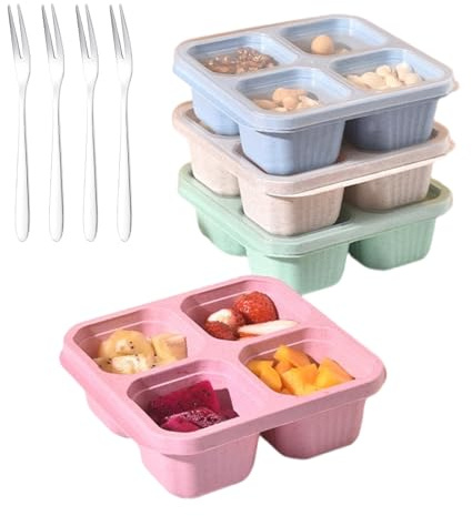 Urganvem 4 Pezzi Porta Snack con Scomparti, 4 Scomparti Bento Box, Contenitore per Snack con Coperchio Trasparente e Forchettina, Contenitori Riutilizzabili per Scuola Ufficio Viaggi