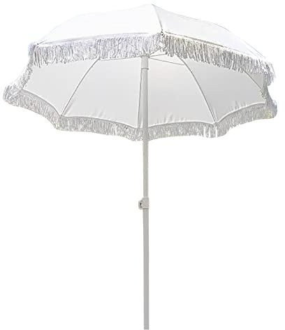 MYUYEE Parasol de Plage Rond Pliable de 160 cm mât en métal Hauteur réglable Pare-Soleil en Polyester Blanc Tissu Anti-UV,Blanc -1,6 m