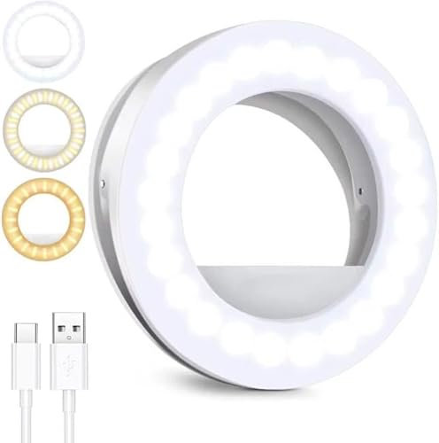Clip-on Selfie Ring Light [Rechargeable] with 40 LEDs and 3 Light Modes, Dimmable for Phone, Tablet, Laptop, Zoom Meeting, Makeup, Video