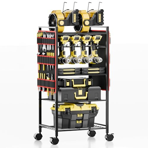 CFMASTER 5 - Tier Power Tool Organizer Cart - 300 lbs Heavy Duty Utility Rack Shelf, Rolling Drill Holder & Tool Storage Cart on Wheels for Garage, Workshop, Ideal Gift for Men (no Power)