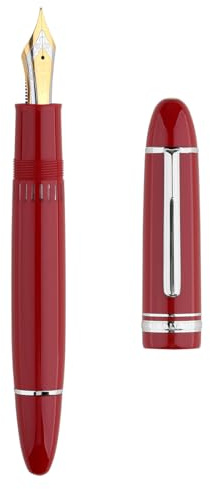 erofa Majohn P141 - Penna stilografica a stantuffo n. 8, pennino fine, in resina rossa, con finestrella per inchiostro, penna regalo con scatola, finiture argentate