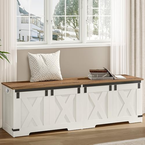 Hzuaneri Banco de Almacenamiento, Banco con Espacio de Almacenamiento, Banco con Bisagras de Seguridad, Mueble de Almacenaje, 40 x 150 x 48,5 cm, para Pasillo, Dormitorio, Blanco Marrón SB15014X