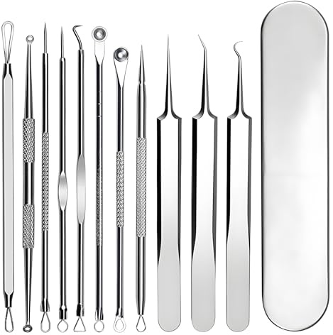 Rnitle 11 Pièces Extracteur Point Noir,Tire Comédons Pince Professionnels en Acier Inoxydable,pour Retire Comédons, Boutons et Pustules,Avec Étui en Métal(Argent)