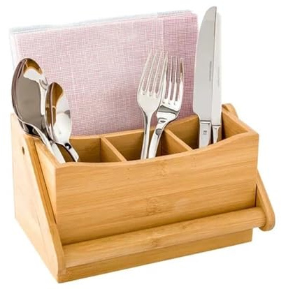 PREMZO Cutlery Caddy Utensils Holder Carrying Handle Kitchen Countertop Divider Wooden 4 Compartment Cooking Tools Napkin Fork Knives Spoons Storage Organiser Rack