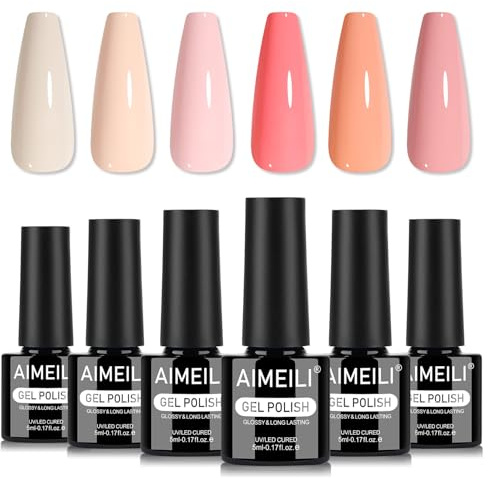 AIMEILI Naken gel nagellack set 6 st, grymhetsfri, vegan, blötlägg av UV LED gelnagellack nagelkonst manikyrsalong gör-det-själv för kvinnor – kit 83