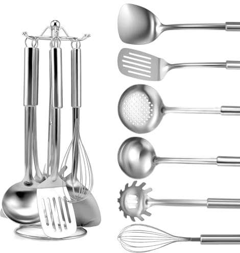 Gymdin Stainless Steel Kitchen Cooking Utensils Set of 7 - Kitchen Utensils with Hanging Rack, Spatula, Slotted Turner, Soup Ladle, Slotted Spoon, Whisk, Pasta Server, Holder, Dishwasher Safe
