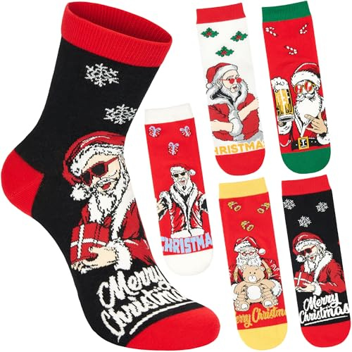 BRUBAKER 5 Par Julsockor för Herrar - Cool Santa – Jultomten med Solglasögon - Roliga och Bekväma Herrstrumpor för Julen - Färgglada Tomtestrumpor i Bomull - Perfekt Present till Män - Storlek 41-45
