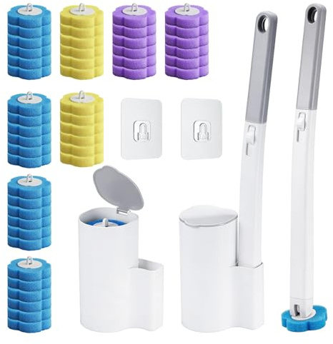 Escobilla Baño Desechable WC, Juego de Escobilla para WC con 48 Recambios y 2 Mangos, Escobilla de Baño Montada en la Pared, Cepillo para Inodoro Desechable e Higiénico con Rellenos de Detergente