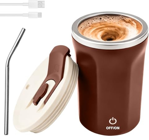 Tasse à café électrique automatique de 380 ml, tasse mélangeur automatique avec paille, tasse magnétique, gobelet mélangeur électrique pour café, protéines, thé, en poudre, thé (marron)