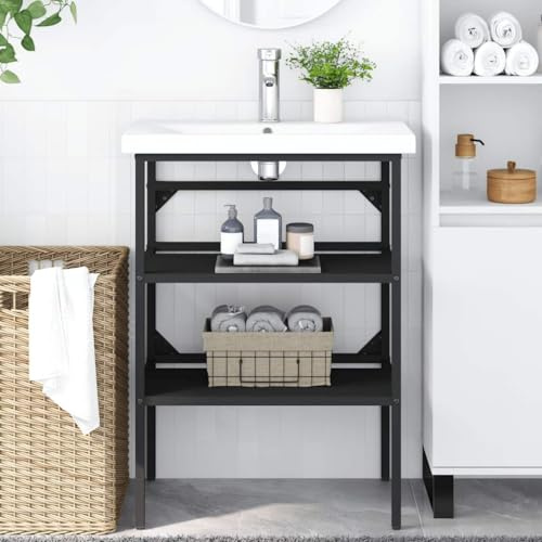EDNRSOG Black Powder-Coated Iron Bathroom Washbasin Frame with 2 Metal Shelves, Modern Sink Stand for Storage, Durable and Easy to Clean, Sleek Design for Contemporary or Minimalist