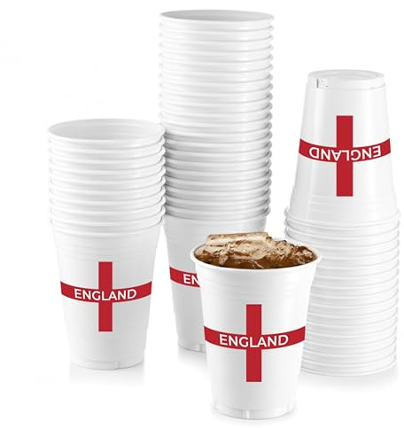 Komonee 24 x England White Cups 500ml (16oz) - Wide Rimmed Disposable Plastic Glasses for World Cup, Football, Euros, Rugby, Parties & Adult Novelty