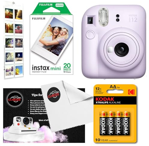 Paquete de cámara instantánea con cámara Fujifilm Mini 12 lila morado, mini película Fujifilm de 20 disparos, 4 pilas AA, álbum de pared, paño de lente Clikoze y tarjeta de consejos de fotografía