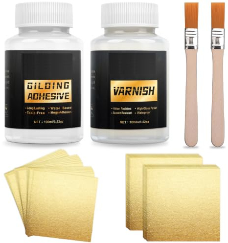 YULL Blattgold Kleber & Acryllack Set (je 100ml) mit 100 Stück Blattgold Imitat (9x9 cm) & 2 Pinseln - Anlegemilch Klarlack Glänzend Außen Wetterfest für Möbelrestaurierung, Kunst, Epoxidharz, Basteln
