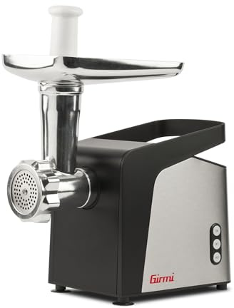 Girmi TR91 Tritacarne, 1400W (max), Motore DC, Funzione Reverse, 1200 g/min, 3 Trafile Inox, Completamente smontabile e facile da pulire, Premicibo, Insaccatore Salsicce e Accessori per Kibbe inclusi.