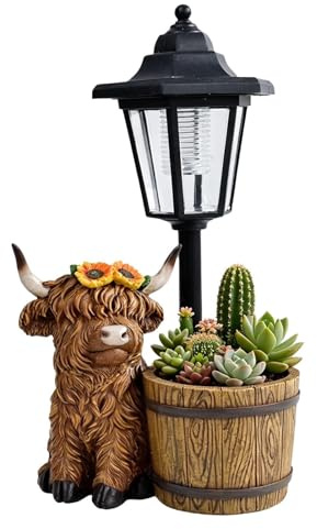 Highland Cow Solar Light with Planter - 2-in-1 Solar Lantern Flower Pot - Waterproof Dusk to Dawn Farmhouse Decor for Garden Yard Porch Patio Front Porch Back Door Thanksgiving