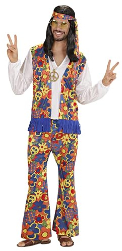 W WIDMANN MILANO Party Fashion - Hippie Kostüm Herren | Hemd mit Weste, Hose, Kopftuch und Kette, Flower-Power Verkleidung für Karneval, Festivals