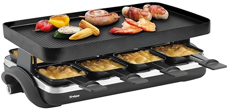 Trisa Raclette Supreme 8 Grill, 1500W, 8 Pfännchen, Guss-Aluminium Platte | 8 Antihaft-Pfännchen & Spachtel, Stufenloser Temperaturregler, Rutschfeste Standfüße, Abnehmbar
