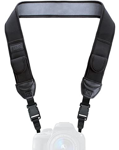 USA Gear Digital Camera Neck Strap with Neoprene Design, Accessory Pockets and Quick Release Buckles - Compatible with Canon, Fujifilm, Nikon, Sony and More DSLR, Mirrorless, Instant Cameras - Black