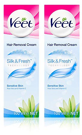 Veet Hair Removal Cream, Legs & Body, Sensitive Skin, 100ml each (pack of 2, 200ml)