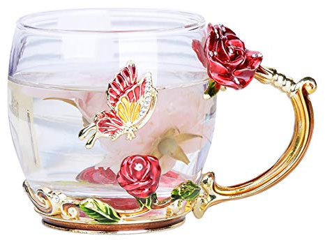 XuanMax Rosso Rose Fiori Tazzine da caffè in Smalto Farfalla Bicchiere di Cristallo Tazza da tè Fatti a Mano Senza Piombo Tazze di Vetro Trasparente Boccale da Colazione Regali - Corto
