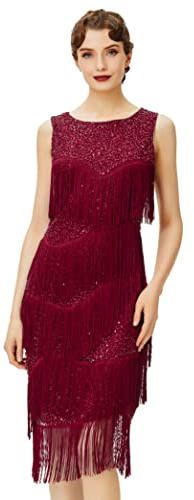 Coucoland - Vestito con frange anni '20, elegante e ruggente anni '20, con nappe multistrato, stile Gatsby, abito vintage con perline da sera, cocktail party Rosso vinaccia S
