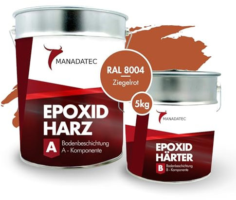 MANADATEC 2k Epoxidharz Bodenbeschichtung 5kg I Ziegelrot I Lösemittelfrei, Umweltfreundlich & Geruchsneutral I Beschichtung für Garagen- & Kellerböden I Hohe Schlagfestigkeit